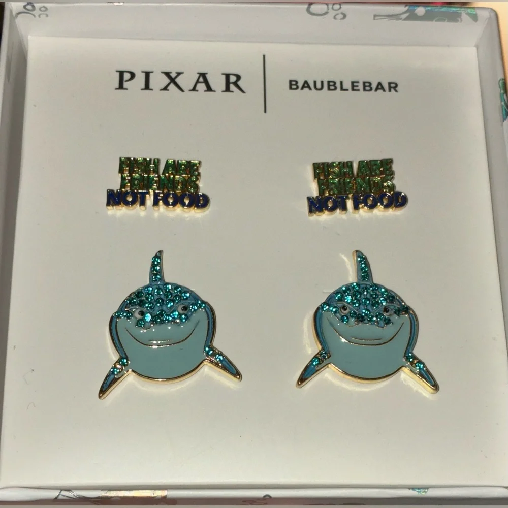 DISNEY PIXAR Finding Nemo Enamel Glitter Shark Fish Two 2 Pair Earrings NEW NWT